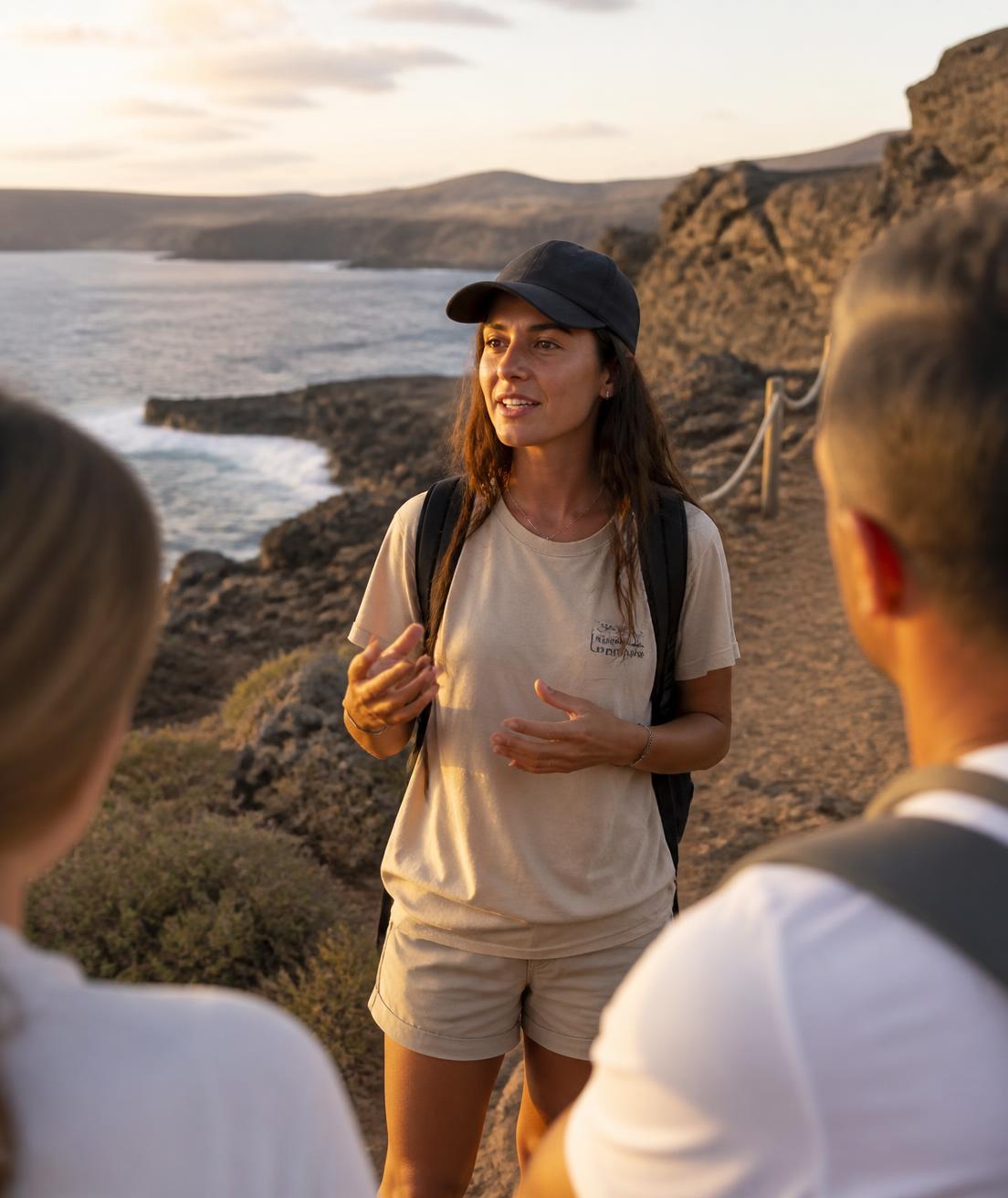 Guía local explicando una ruta a un pequeño grupo en la costa